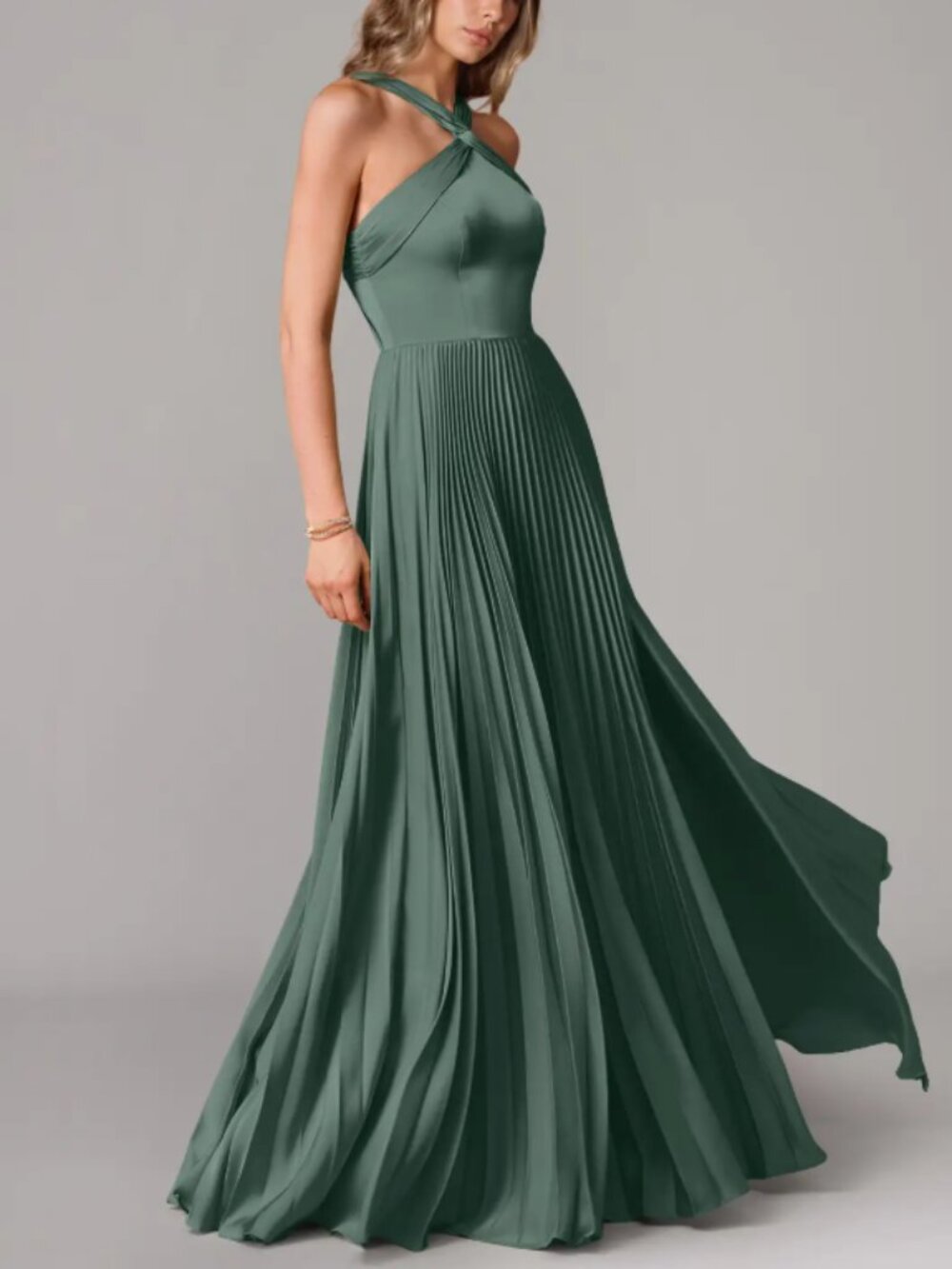 Azazie Afra A-Line Pleated Stretch Satin Dress in Sea Moss – Size 2